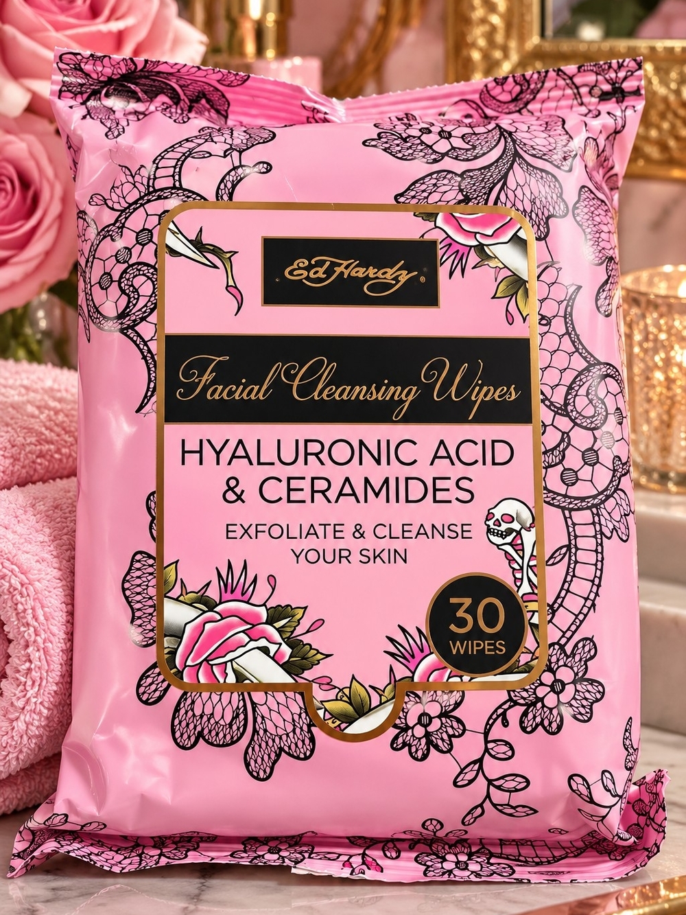 Ed Hardy Pink Facial Cleansing Wipes with Hyaluronic Acid & Ceramides